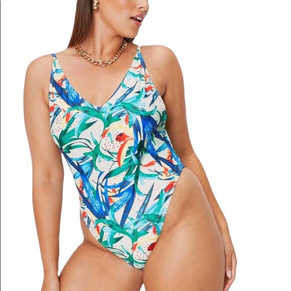 Nasty Gal Tropical Print High Leg One Piece Swimsuit Women's Size 14 NWT - Picture 1 of 12
